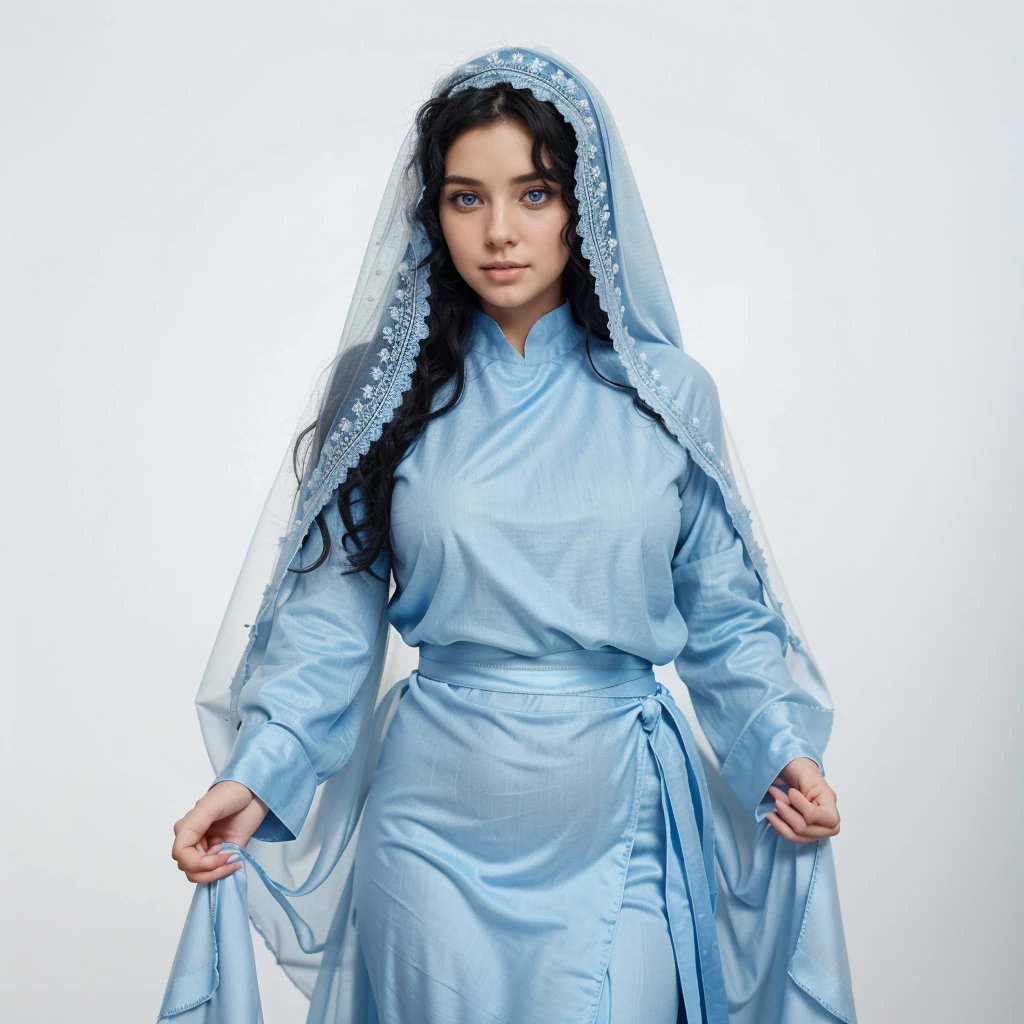Beautiful woman with light blue eyes, curly black hair, wearing a blue tunic with wide, long sleeves adjusted at the waist by a white sash. Wear a thick white veil. She has open arms. Beautiful female hands