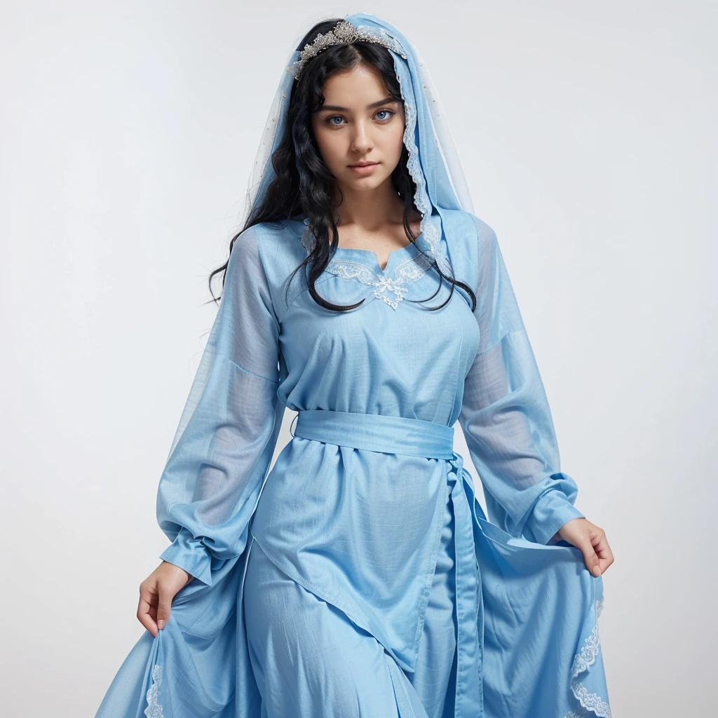 Beautiful woman with light blue eyes, curly black hair, wearing a blue tunic with wide, long sleeves adjusted at the waist by a white sash. Wear a thick white veil. She has open arms. Beautiful female hands