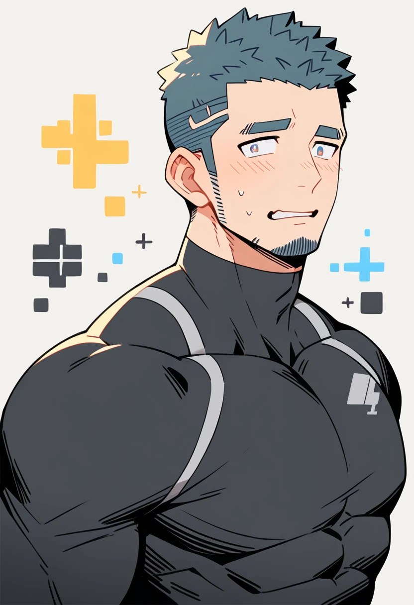 anime characters:Gyee Priapus, Muscle Sports Student, Buzz Cut, Manliness, male focus, Compression bodysuit, Yellow and black striped high collar long sleeve tight T-shirt, Very tight, Regular symmetrical pattern, full and perky chest muscles, muscular male, muscular, only, Upper body, alone, Red short hair, Thick eyebrows, stubble, Brown-red pupils, White background, simple background, amazing quality, best aesthetics, Ridiculous, crew cut, parted lips, flustered, endured face, shy, blush, negative space, best quality
