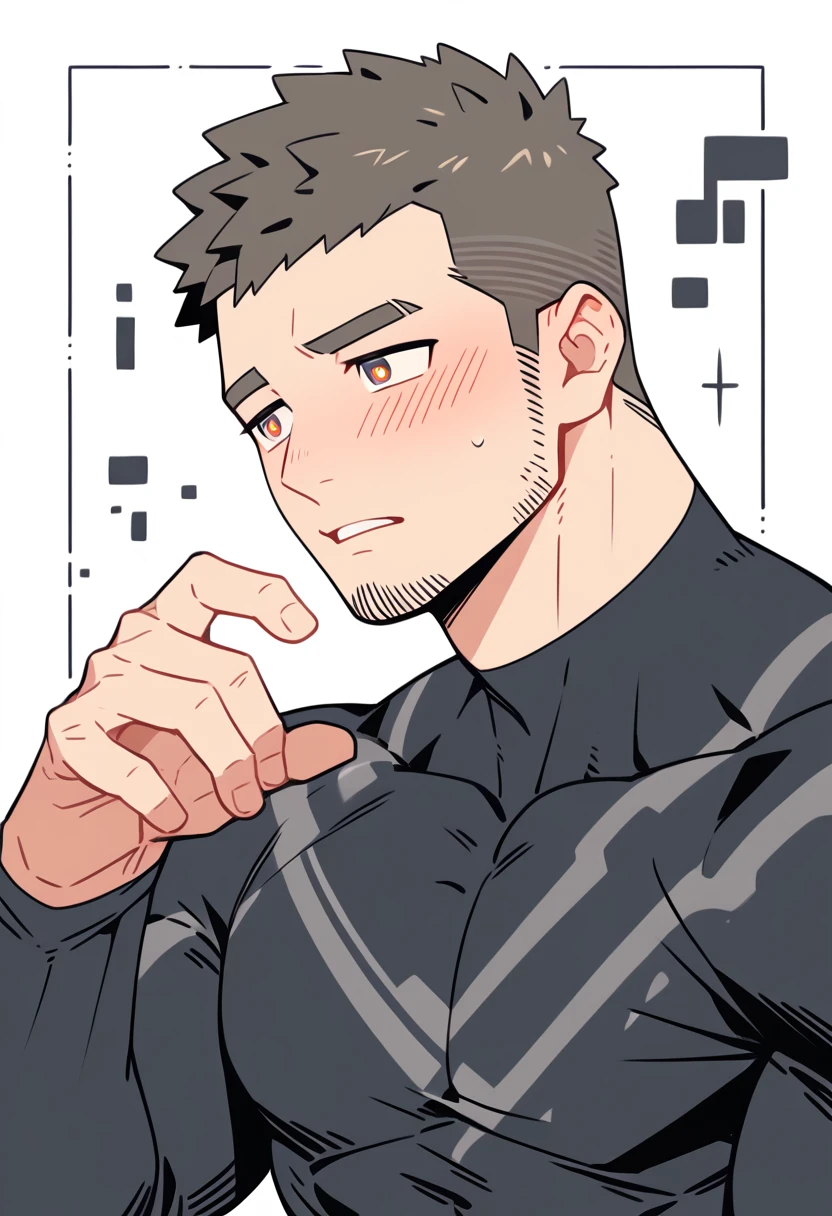 anime characters：Gyee Priapus, Muscle Sports Student, Buzz Cut, Manliness, male focus, Compression bodysuit, Yellow and black striped high collar long sleeve tight T-shirt, Very tight, Regular symmetrical pattern, full and perky chest muscles, muscular male, muscular, only, Upper body, alone, Red short hair, Thick eyebrows, stubble, Brown-red pupils, White background, simple background, amazing quality, best aesthetics, Ridiculous, crew cut, parted lips, flustered, endured face, shy, blush, negative space, best quality