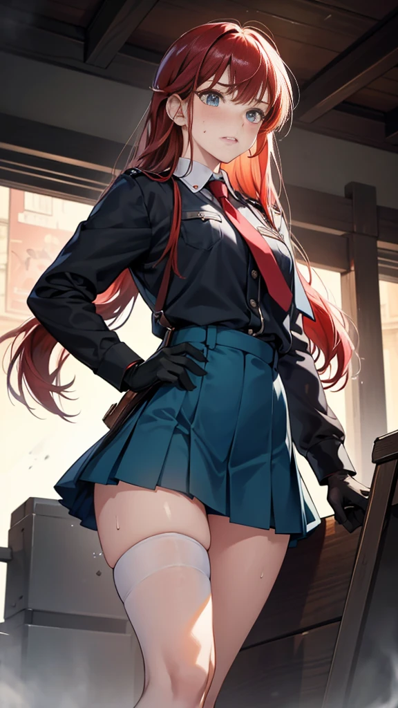 {{masterpiece}}, {{{best quality}}},{{ultra-detailed}}, {{illustration}},{{tall stature}},{{adult women}},{{Fighting stance}},,,{{blushing with anger}},,{{Long sleeve mini skirt uniform}},,,{{blushing with anger}},}{}},{fighting stance}},{},{}, ,{{}},{{Eyelet foot}},,{{From Below }},{{v-shaped eyebrows}},,{{}},{{}},,Slender body}}{{Avoidance}}{{Female police officer}},,,,suspenders ,Long sleeve mini skirt uniform, White High Socks,Black fingerless gloves, Long Red Hair, Red tie,Straight hair ,Blunt bangs,Thigh holster,.amountn loafer,,blush,Wrinkles ,amount,Grit your teeth,suffering,.,Sweat dripping,Medium chest ,get annoyed,,Slums,,Twisting,