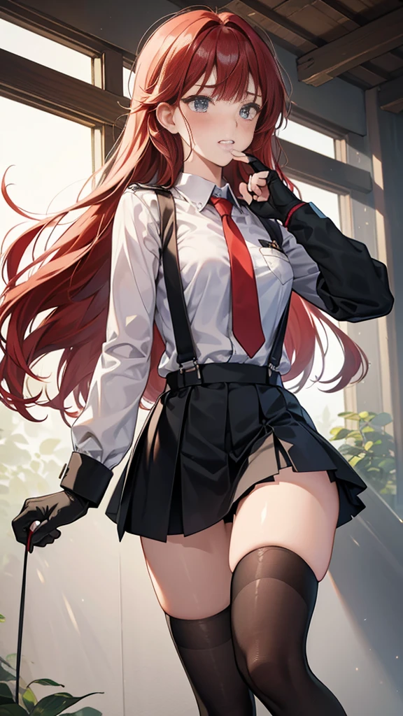 {{masterpiece}}, {{{best quality}}},{{ultra-detailed}}, {{illustration}},{{tall stature}},{{adult women}},{{Fighting stance}},,,{{blushing with anger}},,{{Long sleeve mini skirt uniform}},,,{{blushing with anger}},}{}},{fighting stance}},{},{}, ,{{}},{{Eyelet foot}},,{{From Below }},{{v-shaped eyebrows}},,{{}},{{}},,Slender body}}{{Avoidance}}{{Female police officer}},,,,suspenders ,Long sleeve mini skirt uniform, White High Socks,Black fingerless gloves, Long Red Hair, Red tie,Straight hair ,Blunt bangs,Thigh holster,.amountn loafer,,blush,Wrinkles ,amount,Grit your teeth,suffering,.,Sweat dripping,Medium chest ,get annoyed,,Slums,,Twisting,