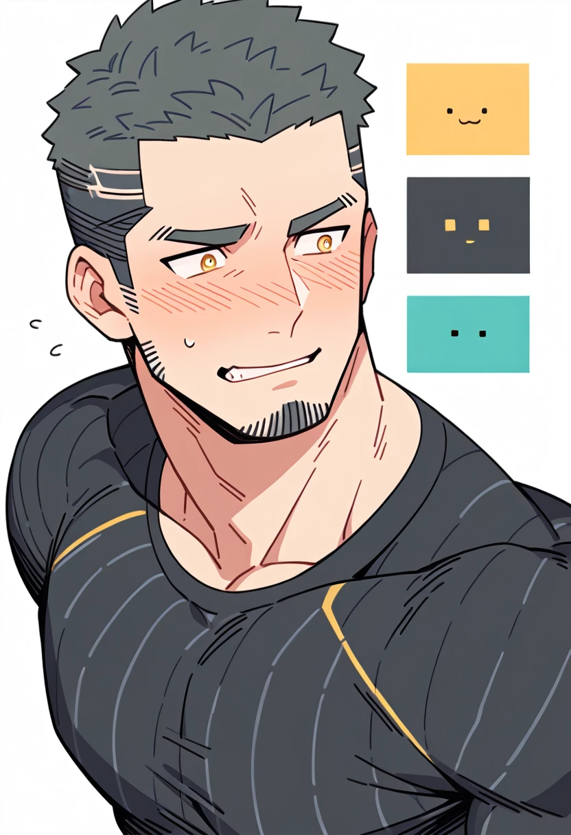 anime characters：Gyee Priapus, Muscle Sports Student, Buzz Cut, Manliness, male focus, Compression bodysuit, Yellow and black striped high collar long sleeve tight T-shirt, Very tight, Regular symmetrical pattern, full and perky chest muscles, muscular male, muscular, only, Upper body, alone, Red short hair, Thick eyebrows, stubble, Brown-red pupils, White background, simple background, amazing quality, best aesthetics, Ridiculous, crew cut, parted lips, flustered, endured face, shy, blush, negative space, best quality