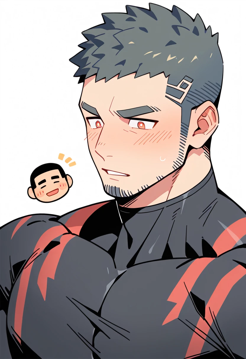 anime characters：Gyee Priapus, Muscle Sports Student, Buzz Cut, Manliness, male focus, Compression bodysuit, Yellow and black striped high collar long sleeve tight T-shirt, Very tight, Regular symmetrical pattern, full and perky chest muscles, muscular male, muscular, only, Upper body, alone, Red short hair, Thick eyebrows, stubble, Brown-red pupils, White background, simple background, amazing quality, best aesthetics, Ridiculous, crew cut, parted lips, flustered, endured face, shy, blush, negative space, best quality