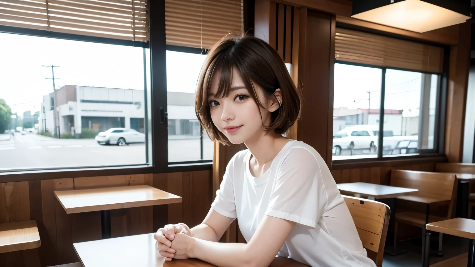 super high quality, smile, Slenderのネックレス, Slender, Gravure photoshoot, The staff is working at the counter in the back., (8k、RAW Photos、Highest quality、masterpiece:1.2), Japanese Idol, Stylish café, (Realistic、Photorealistic:1.37), Mesh Hair, Urban Cafe, Golden Ratio, Raw photo, Cute face , Light Brown Hair, Small breasts, Bright cafe interior, Blurred Background, Summer clothes, Beautiful hairstyle, Photographed inside the cafe, Hair blowing in the wind, Neat clothes, T-Shirts, Very Short Hair, 18-year-old, Stylish clothes,