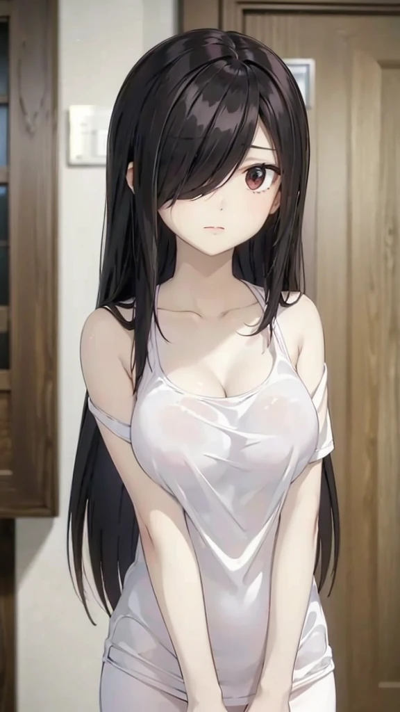 (((masterpiece))), (((best quality))), ((ultra-detailed)), (highly detailed CG illustration), (masterpiece:1.5), Detailed Photo, innocent shy, (Best Quality: 1.4), (1girl), Beautiful Face, (Black Hair, long Hair: 1.3), Beautiful Hairstyle, beautiful detail eyes, (realistic skin), beautiful skin, absurd, attractive, ultra high resolution, high definition, shy pose, full body view,Beautiful , white background, pink soft white light, pink pajama, busty breast,see through nipple,(hair over one eye:1.4), Messy hair,hair between eyes,pubic hair pussy, dense pubic Hairy pussy .