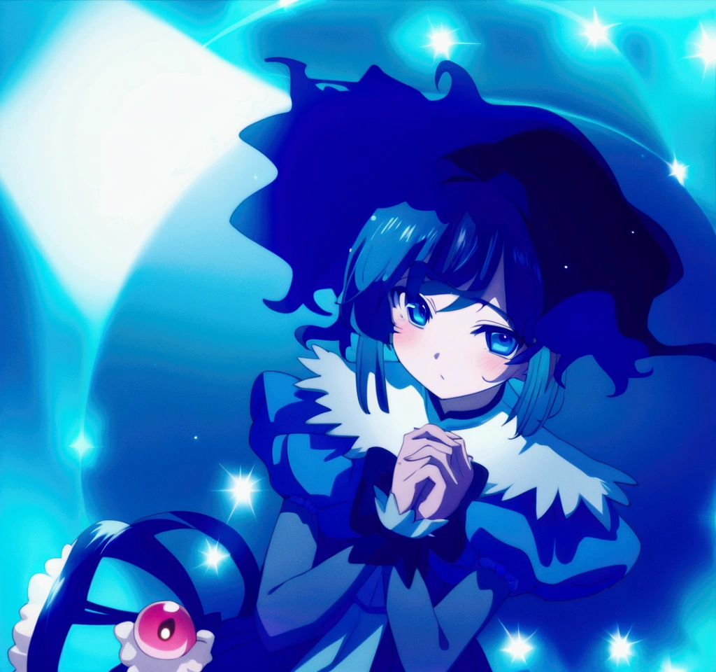 Anime girl with blue hair and blue dress, blue aura, from toho, ulcer toho, ulcer, ulcer from toho, toho character, an anime portrait of ulcer, toho, dreamy psychedelic anime, magical girl anime Mahou Shojo, Fubuki, an aura of magic around her, black-haired magician