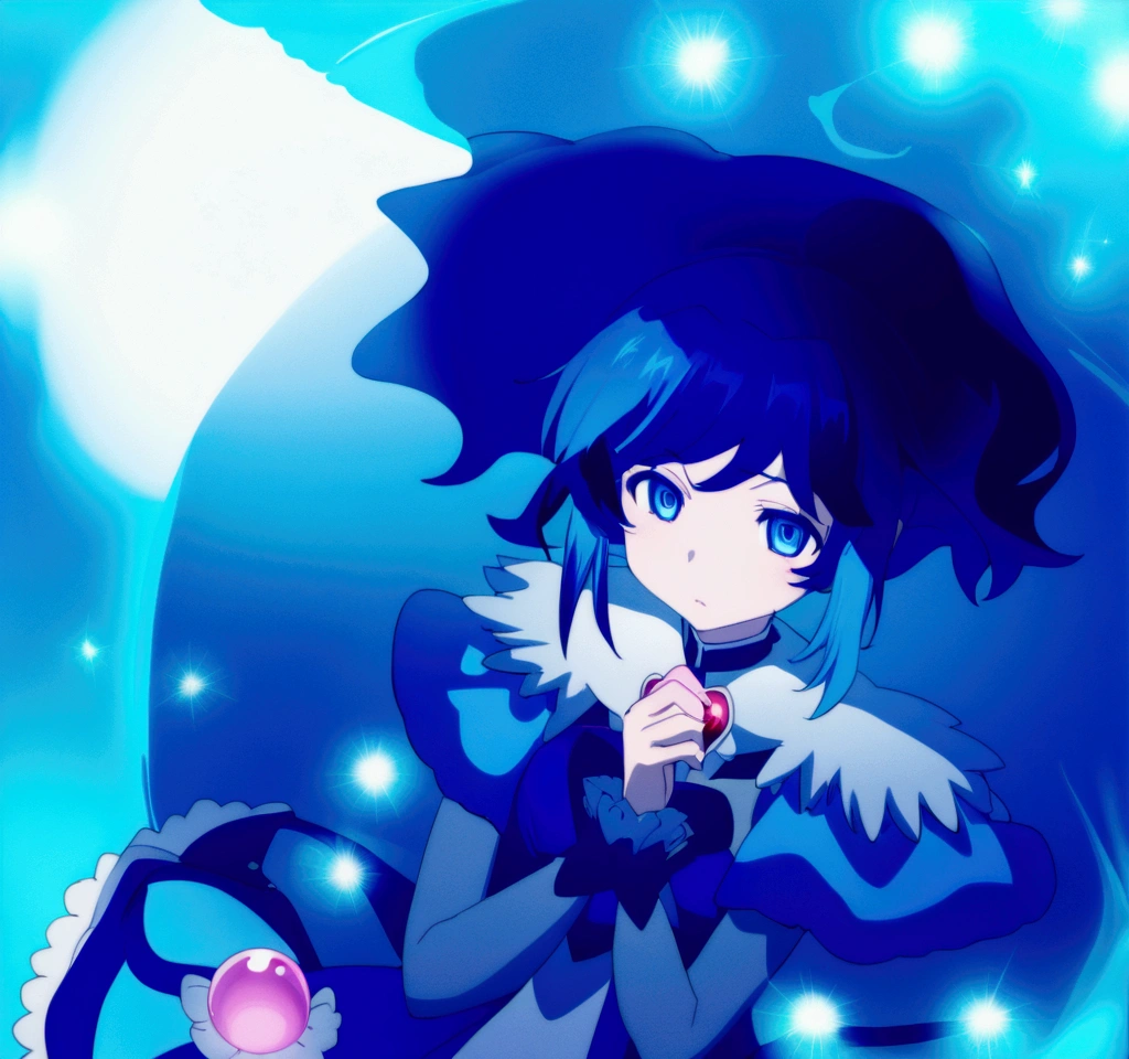 Anime girl with blue hair and blue dress, blue aura, from toho, ulcer toho, ulcer, ulcer from toho, toho character, an anime portrait of ulcer, toho, dreamy psychedelic anime, magical girl anime Mahou Shojo, Fubuki, an aura of magic around her, black-haired magician