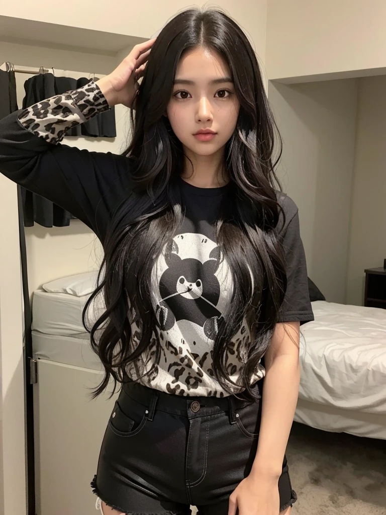 black skin, latin face. Medium long hair with waves, layered and with fluffy volume, black color. Light brown color, big cheeks, slim, animal print shirt and black shorts