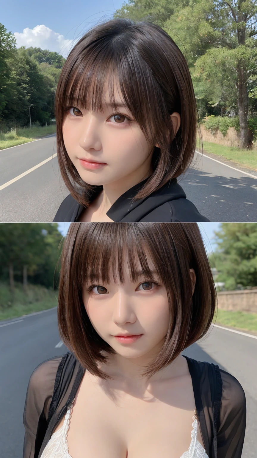 One Girl, (beautiful girl, Delicate girl:1.3), (:1.3),
break, ジャンプするbeautiful girl:1.3,
break, (Lush country road background:1.2),
break, Very beautiful eyes, (Symmetrical eyes:1.3),
break, (Big Breasts:1.3), Brown eyes, Parted bangs, Brown bob cut hair, Round face, cute,
break, (Eye and facial details:1.0),
break, (masterpiece, Highest quality, Very detailed, Detailed face, 8k)