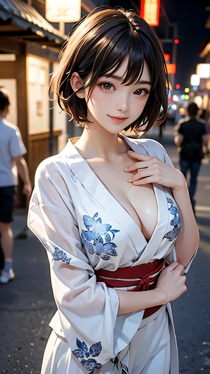 masterpiece, Highest quality, Absurd, Perfect Anatomy, One girl, alone, PascalTales, short hair, beautiful, Hilarious, Moonlit Night, Summer festival, Summer winds, Sexy yukata, Floral, Wavy Hair, smile