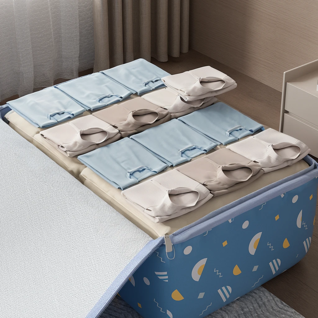 There are a lot of folded clothes in a blue box on the floor, Neat multiple pieces, Clothing storage bag lining, comfortable, high quality detail, author:Anna Fuseli, high quality details, high quality product image”, Realistic and lifelike images, product photo, Elegant appearance, Semi-realistic, Semi-realistic主义, Soft. high quality, Bed not made