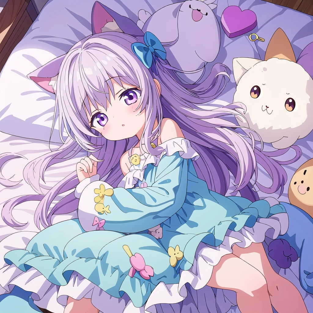 One girl, fluffy、Loose、A heartwarming world、masterpiece, Highest quality,Super detailed, One girl, From above,Little,,Sleep,,Animal costumes,Sleeping on the bed、pastel colour、cute、