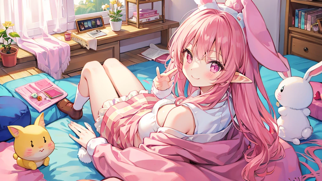 Rabbit Mimi、Chibi Elf Pink Room、Relaxing in a cute room、A big smile