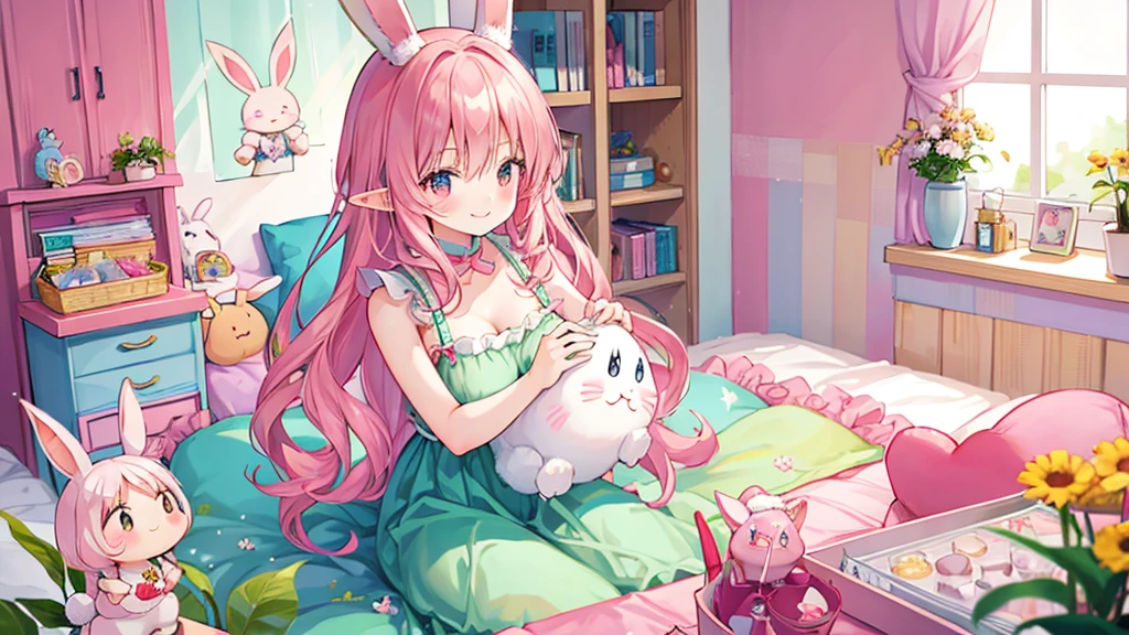 Rabbit Mimi、Chibi Elf Pink Room、Relaxing in a cute room、A big smile