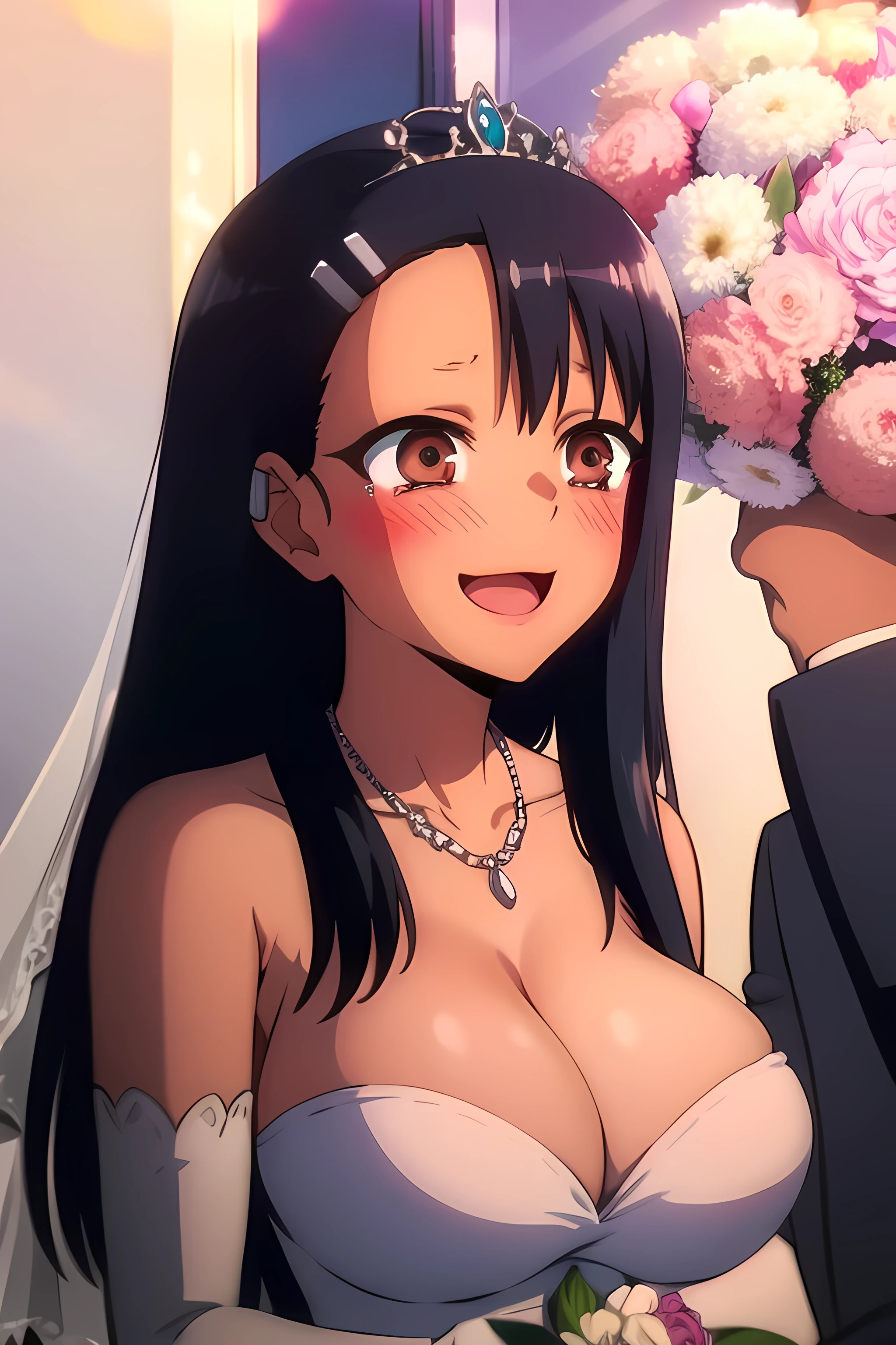 masterpiece, best quality, highres, aaichika, tiara, bridal veil, necklace, cleavage, wedding dress, strapless dress, white dress, white gloves, elbow gloves, garden on background, smile, open mouth, tears, upper body, confetti, holding bouquet, bouquet, Pink lipstick on the lips, huge breasts, shining breasts, nagatoro hayase, hair ornament, brown eyes, hairclip ,dark skin, black hair, huge breasts, big breasts, rounded tits, rounded breasts
