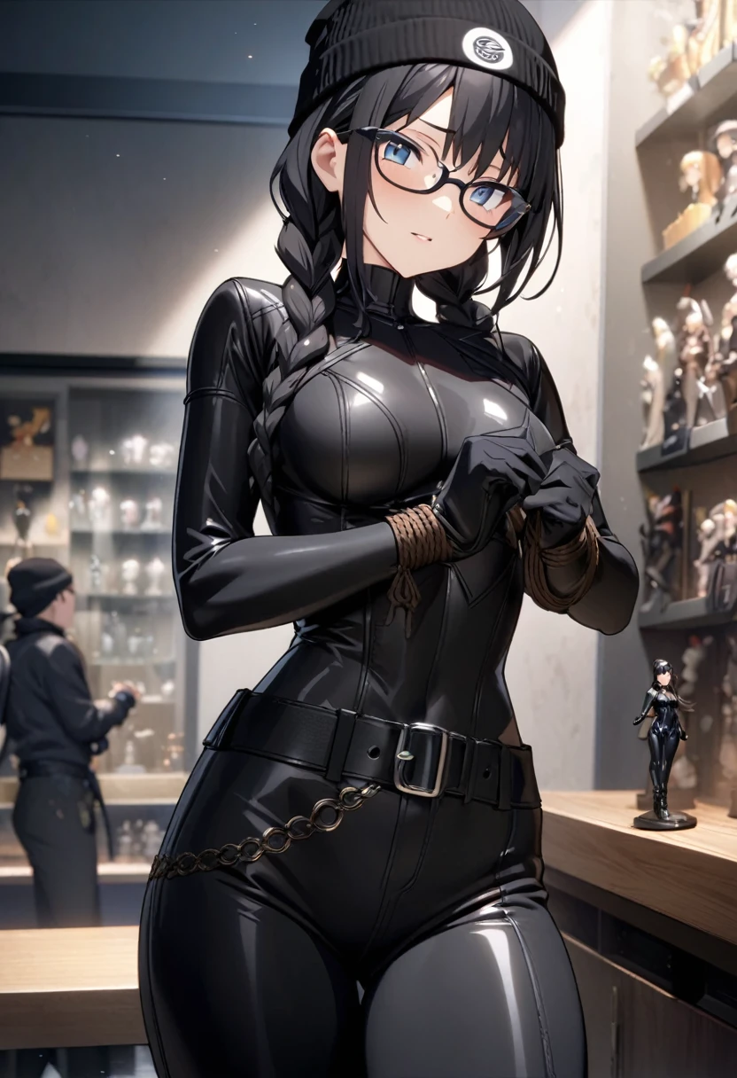 masterpiece, High quality CG, anime, figure, Highest quality, One girl, bound, bondage, Beautiful Face, Detailed face, Cowboy Shot, Tokkebi, One girl, alone, View your viewers, Black Hair, Braiding, Glasses, Black gloves, belt, pants, Iris, twin Braidings, Striped Hair, Black Hat, Bodysuits, black pants, 丸いGlasses, black Bodysuits, Beanie, Hair behind the ear,