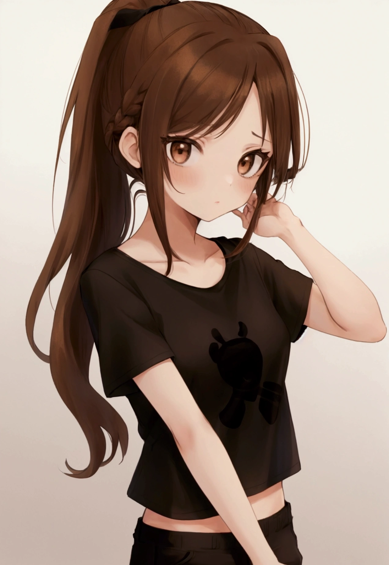 Brown hair, pulled back into a ponytail, Brown eyes, blank look, bright skin, black T-shirt and black shorts