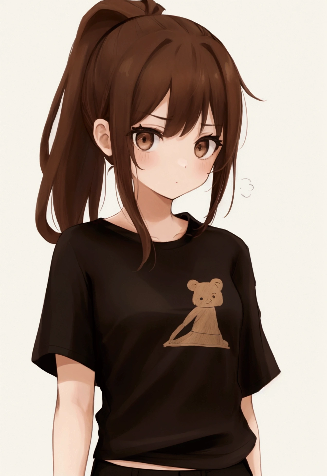 1girl, brown hair, pulled back into a ponytail, Brown eyes, blank look, fair skin, black T-shirt and black shorts