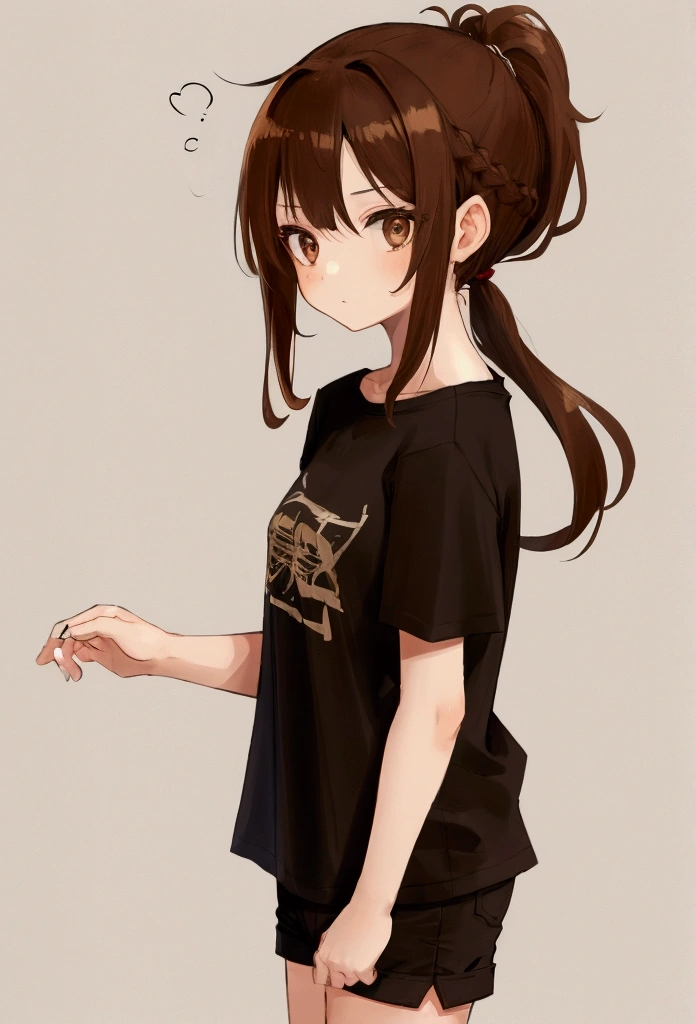1girl, brown hair, pulled back into a ponytail, Brown eyes, blank look, fair skin, black T-shirt and black shorts