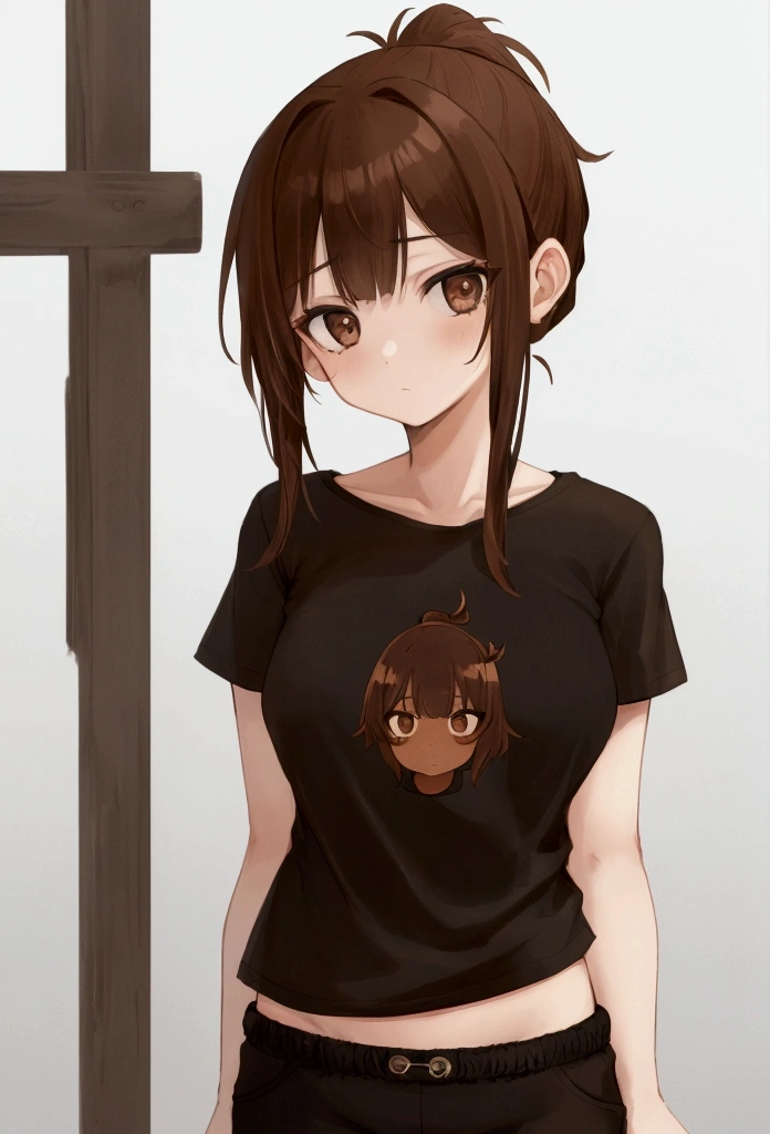 1girl, brown hair, pulled back into a ponytail, Brown eyes, blank look, fair skin, black T-shirt and black shorts