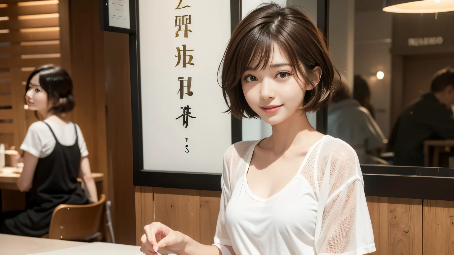 super high quality, smile, Slenderのネックレス, Slender, Gravure photoshoot, The staff is working at the counter in the back., (8k、RAW Photos、Highest quality、masterpiece:1.2), Japanese Idol, Stylish café, (Realistic、Photorealistic:1.37), Mesh Hair, Urban Cafe, Golden Ratio, Raw photo, Cute face , Light Brown Hair, Small breasts, Bright cafe interior, Blurred Background, Summer clothes, Beautiful hairstyle, Photographed inside the cafe, Hair blowing in the wind, Neat clothes, T-Shirts, Very Short Hair, 18-year-old, Stylish clothes,