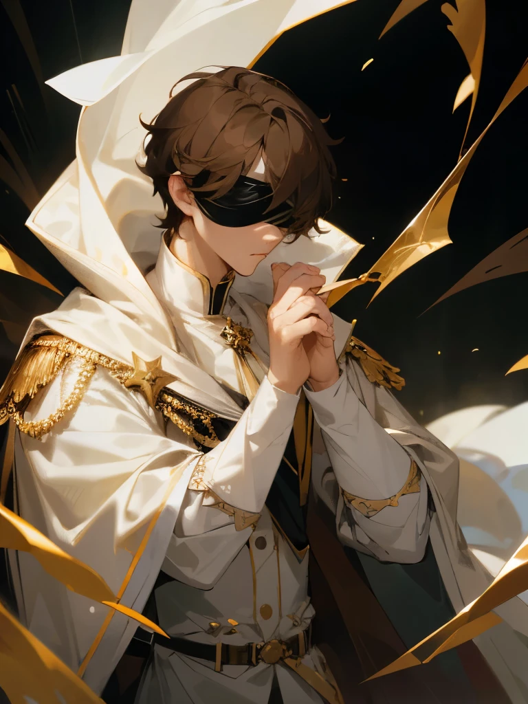  adult man, short brown hair, white prince outfit, black cape, black, white and gold blindfold, handsome man, solo, ultra detailed