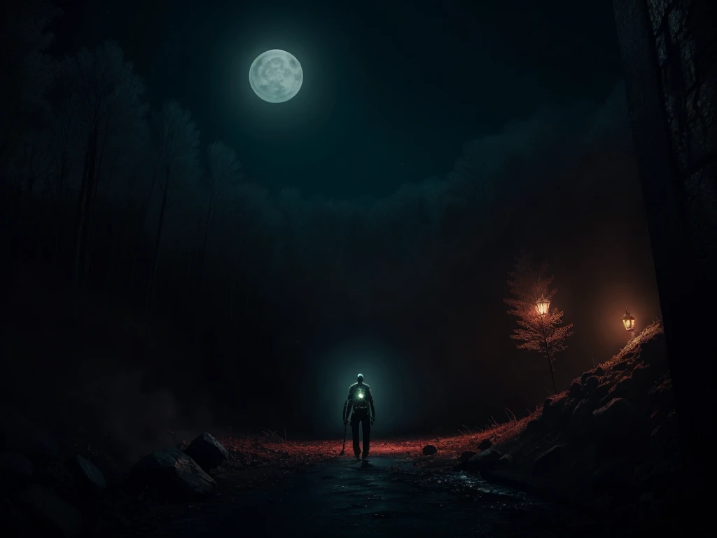 (Night Landscape), Horror, Haunted, Corpses, Skulls, Image Depicting Hell, Necronomicon, Image Style Painting, Realistic, Shadows, HD, High Quality, Cinematic  