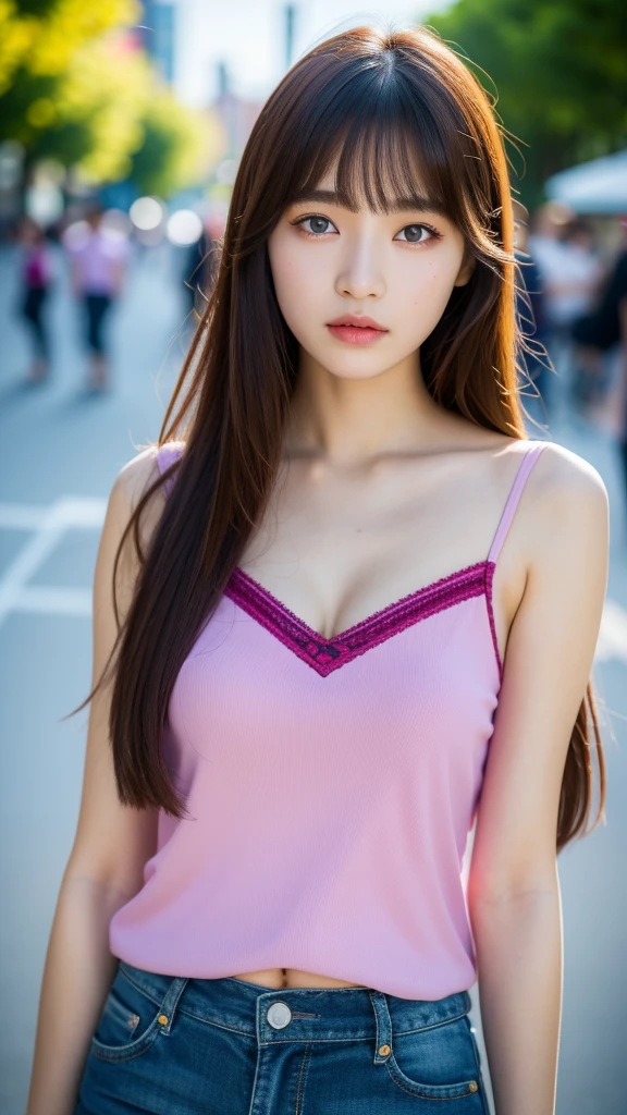 (best quality, 8k, 32k, masterpiece, UHD:1.2), ultra high resolution, (pretty a Korean early  girl), 13 yrtrait, beautiful detailed eyes, dark make-up, semi long brown hair, bangs, (wearing magenta camisole), large breasts, cleavage, crowded city boulevard on a bright sunny day, (detailed background:1.5)