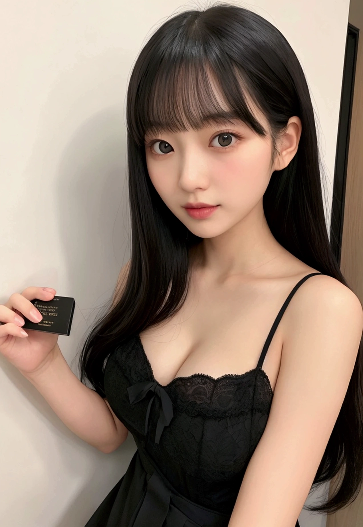 (28 years old,Beautiful Japanese,Round face、Seems kind、Iris、 ,(Black Hair),(Medium Long Hair),high quality、masterpiece:1.2,(Genuine、photo Genuine:1.4),break,blouse,Big Breasts,Have a box