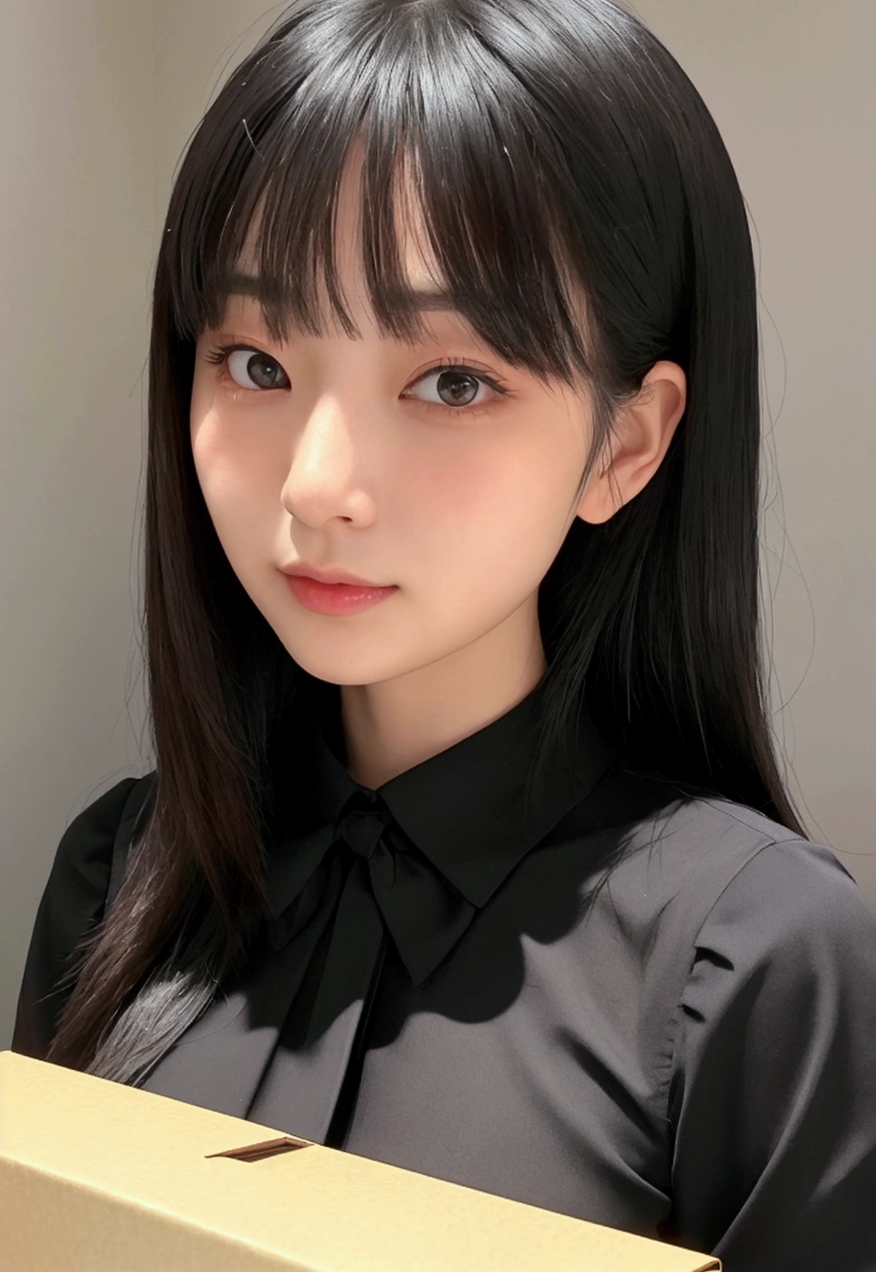 (28 years old,Beautiful Japanese,Round face、Seems kind、Iris、 ,(Black Hair),(Medium Long Hair),high quality、masterpiece:1.2,(Genuine、photo Genuine:1.4),break,blouse,Big Breasts,Have a box