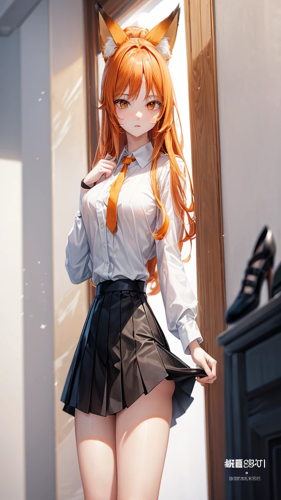 Standing full-length photo in anime style of a cute 20-year-old girl with long orange hair, fox ears. large, delicate body and large bust, wearing sexy clothes, a loose white blouse, a slim orange tie, a short black skirt, white socks and black shoes. white image background.