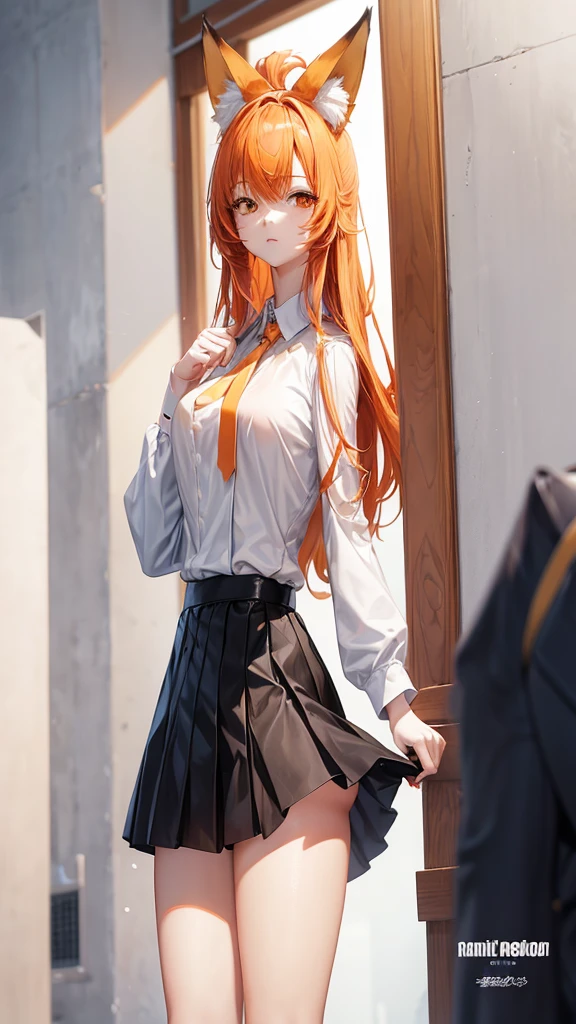 Standing full-length photo in anime style of a cute 20-year-old girl with long orange hair, fox ears. large, delicate body and large bust, wearing sexy  clothes, a loose white blouse, a slim orange tie, a short black skirt, white socks and black shoes. white image background.