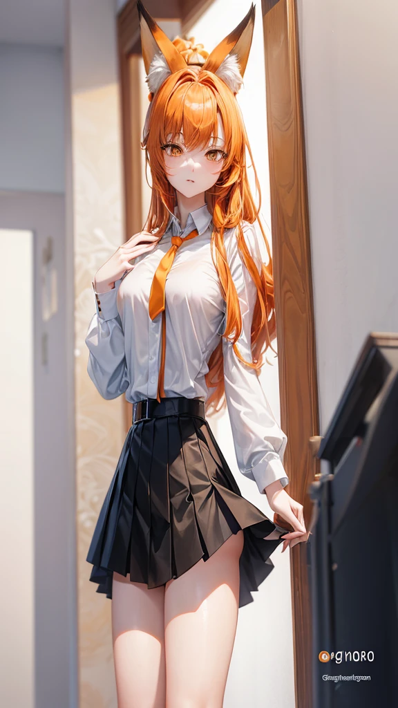 Standing full-length photo in anime style of a cute 20-year-old girl with long orange hair, fox ears. large, delicate body and large bust, wearing sexy  clothes, a loose white blouse, a slim orange tie, a short black skirt, white socks and black shoes. white image background.