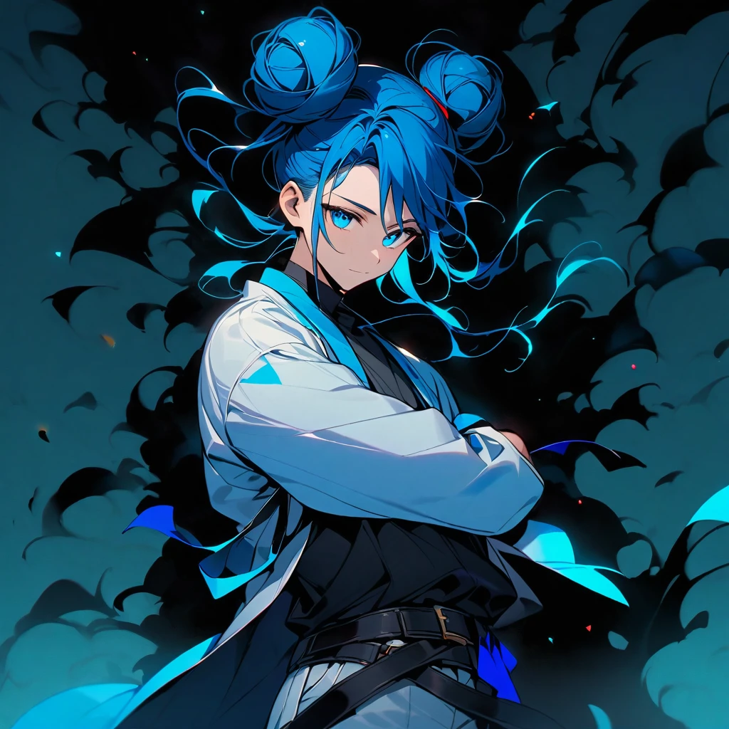(well done:1) man, vibrant blue hair with two buns on each side of the head with some loose strands that fall around the face, blue eyes, white haori closed, black shirt, black belt tied around the waist, white pants, wooden clog.