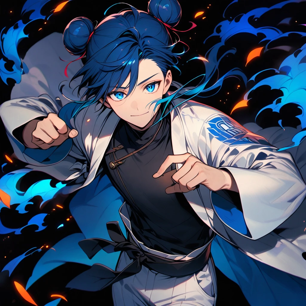 (well done:1) man, vibrant blue hair with two buns on each side of the head with some loose strands that fall around the face, blue eyes, white haori closed, black shirt, black belt tied around the waist, white pants, wooden clog.
