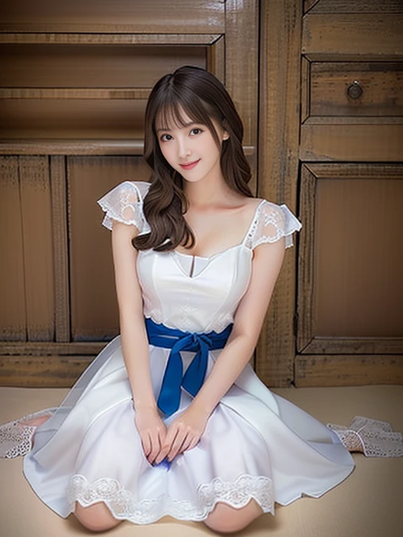 Photo-realistic quality、A woman in a white dress is sitting on the floor,  Gorgeous Young Japanese Woman, Beautiful Japanese Women,  Romantic Dress, Beautiful young Japanese woman,  Elegant white dress, Cute Japanese Idol、looking at the camera、Detailed and beautiful eyes、Cute smile、Relaxed and gentle expression