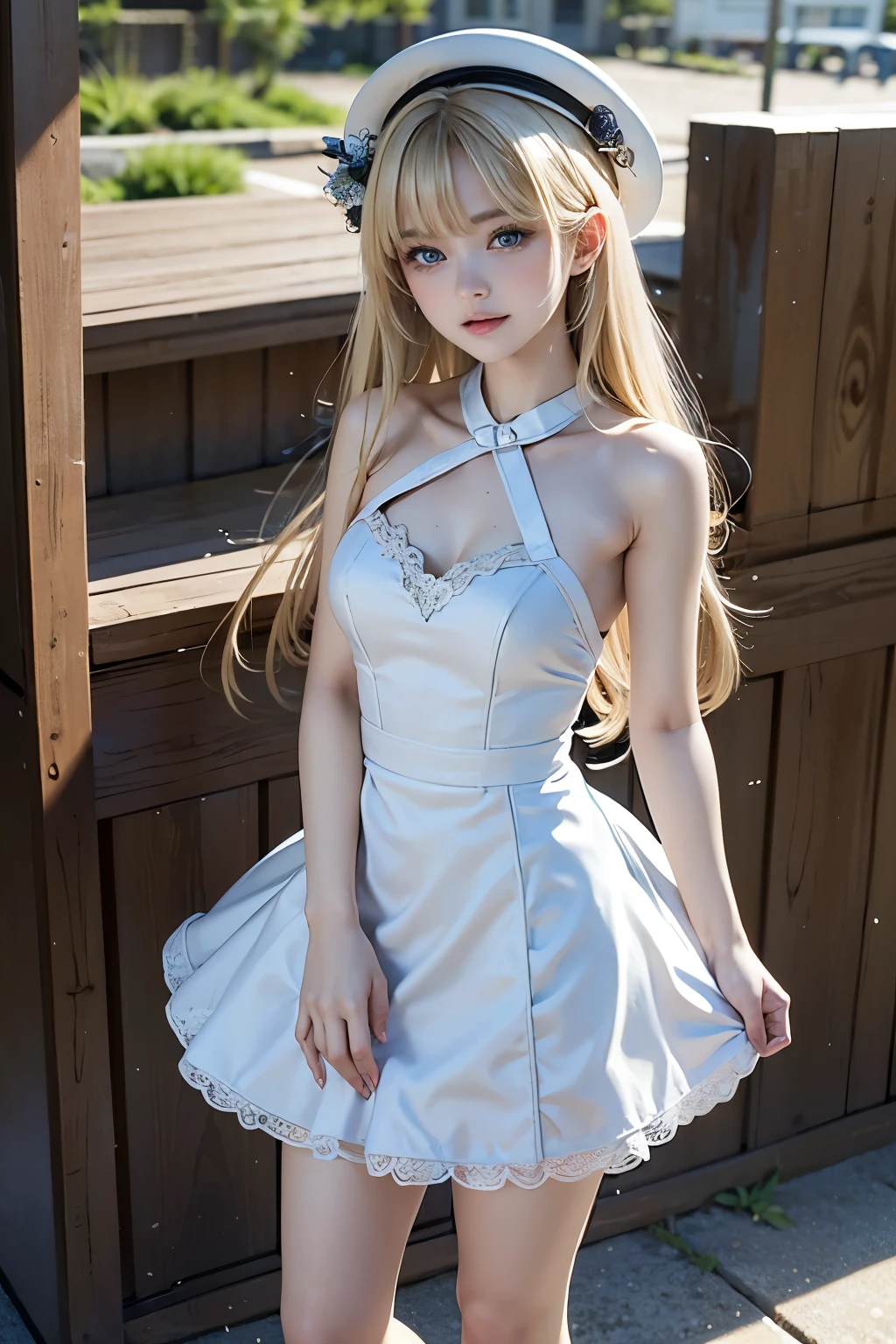 masterpiece,Highest quality,Very detailed,beautiful girl, teenager, (full body),Blonde,Beautiful and detailed eyes,blue eyes,Beautiful Skin,skinny,Dynamic,White dress,hat,Midsummer Beach
