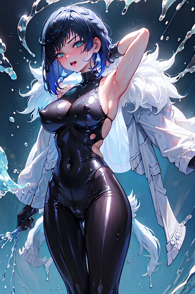 (masterpiece, best quality:1.4) wide open legs, close in view, visible tights, best anatomy, anime girl in black latex posing on the street, seductive anime girl, oppai, breast, wearing latex, black shiny latex, visible armpits, pony tail behind, leg spread wide open, tights muscles, visible tights, good looking anatomy, face expression in distress, face expression in pain, screaming, squat, smooth latex, body liquid dripping, dripping, liquid dripping, liquid pouring down, visible nipples, wet skin, wet body, body with liquid, struggling, wriggling, uncomfortable, discomfort, sweating, sweat, hot, liquid dripping form skin and body, orgasm, tremendous coloress liquid pouring from crotch, body feeling good, saliva, eye looking up, leg spreading wide uncontrollably, hand covering crotch from behind, breathing heavily, squirting from crotch, white body liquid squirting, white body liquid squirting from crotch, squirting from genital, squirting a lot from genital, squirting in between legs