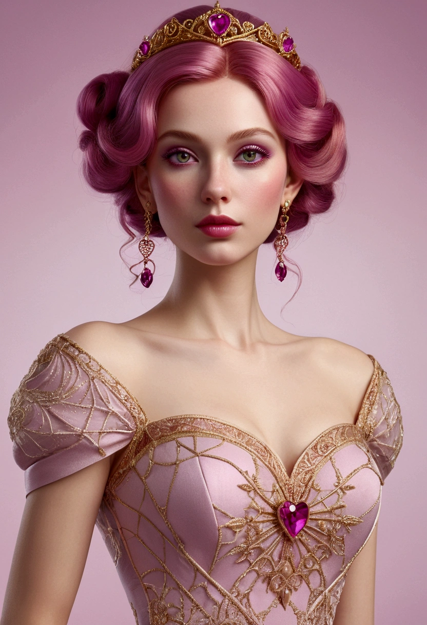 Create a realistic Caucasian woman with deep magenta eyes, an upturned button nose, and heart-shaped lips with upturned corners. She has long, wavy pink hair styled in an elegant updo. She is slender with small breasts. She wears a regal, ethereal dress with elegant and fantasy elements, featuring a gold, pastel pink, and rose gold color scheme. The dress has intricate spider web patterns and motifs.