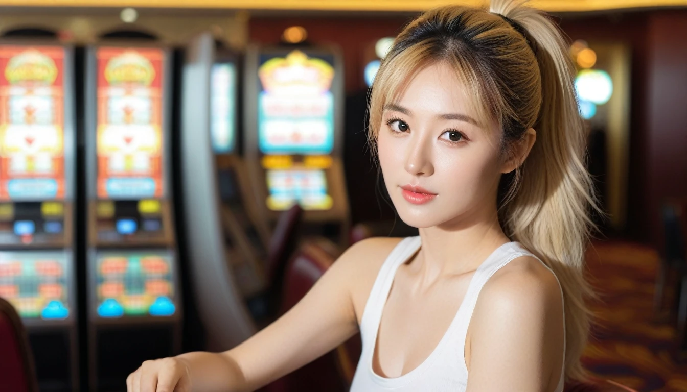 Close-up photo of a beautiful Korean woman, Bust size 34 inches, blonde high ponytail, Wear a tank top,Random colors, เล่นสล็อตIn casinos, sunlight, bokeh background, UHD, sit  (random background,In casinos,VIP casino room, Modern Casino Console, Modern Slot Machines )