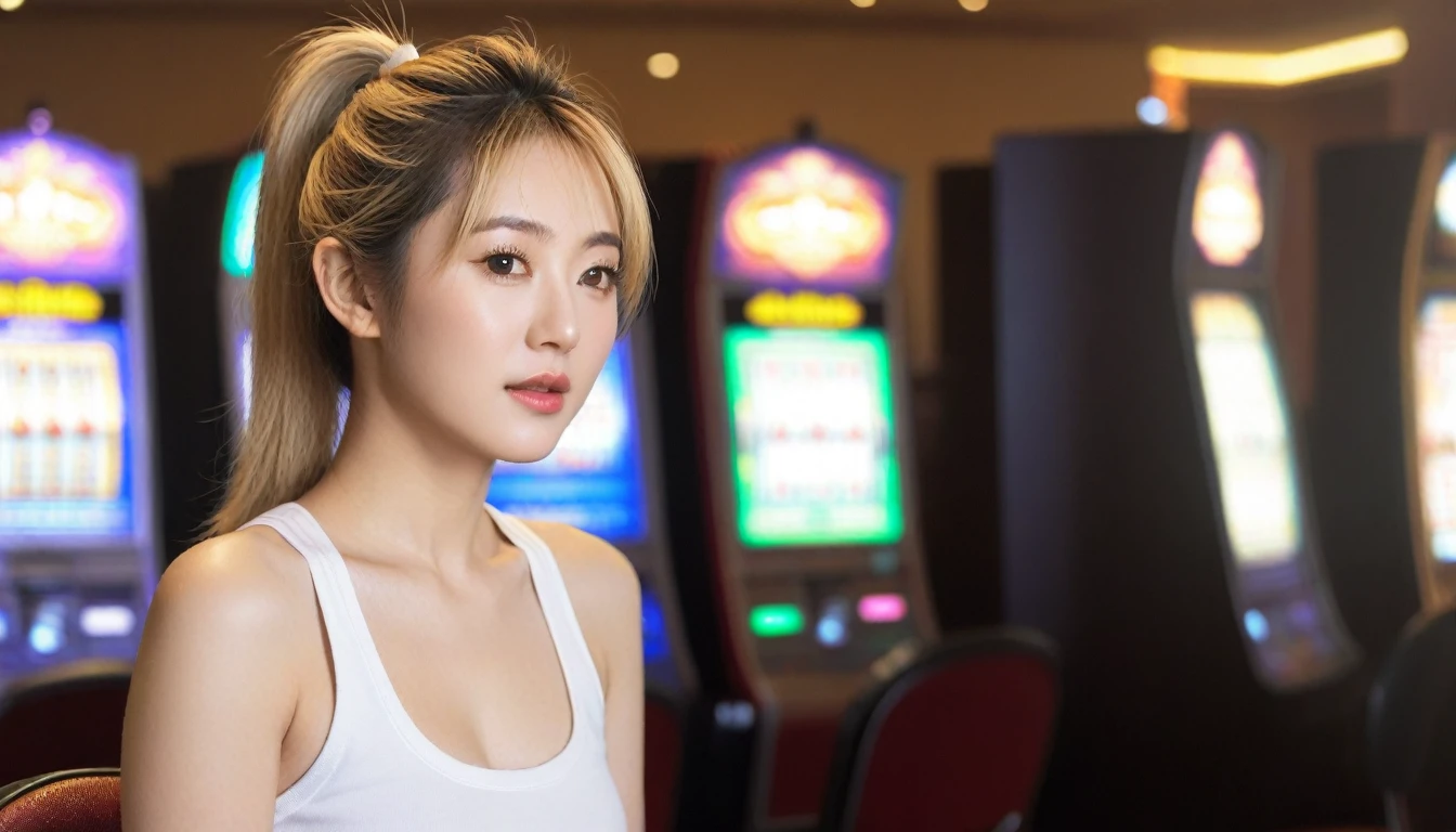 Close-up photo of a beautiful Korean woman, Bust size 34 inches, blonde high ponytail, Wear a tank top,Random colors, เล่นสล็อตIn casinos, sunlight, bokeh background, UHD, sit (random background,In casinos,VIP casino room, Modern Casino Console, Modern Slot Machines )