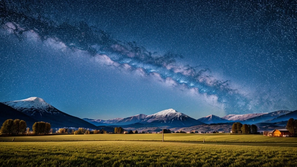 Starry Sky，field，Snowy mountain tops