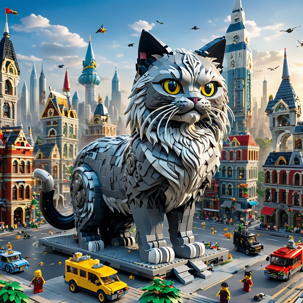 best quality, very good, 16K, ridiculous, Very detailed, Giant Cat Monster，，Made of Lego, （（Destroying the city））（（A masterpiece full of fantasy elements）））， （（best quality））， （（Intricate details））（8K）