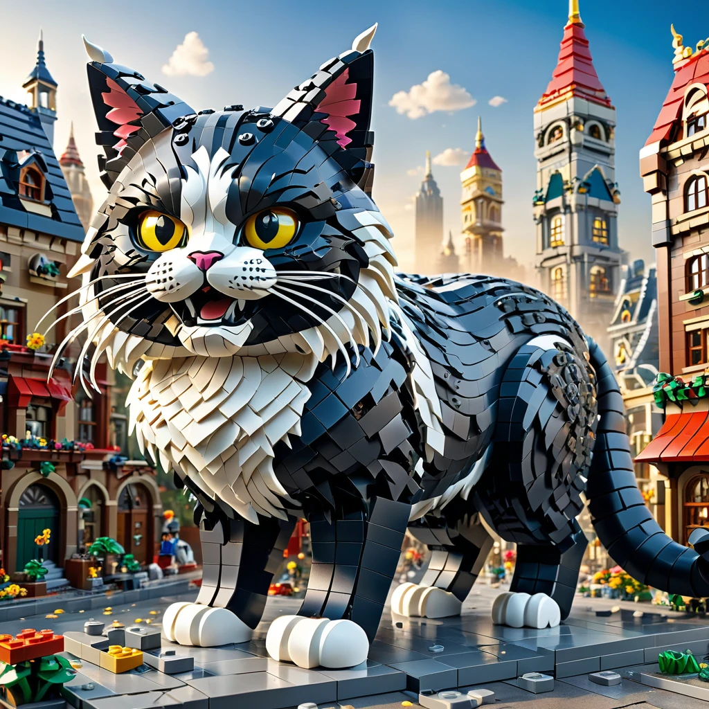 best quality, very good, 16K, ridiculous, Very detailed, Giant Cat Monster，，Made of Lego, （（Destroying the city））（（A masterpiece full of fantasy elements）））， （（best quality））， （（Intricate details））（8K）