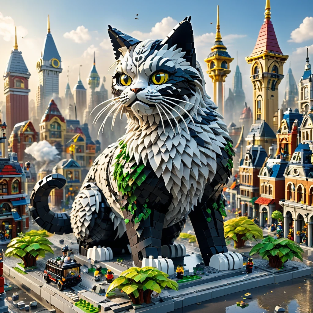 best quality, very good, 16K, ridiculous, Very detailed, Giant Cat Monster，，Made of Lego, （（Destroying the city））（（A masterpiece full of fantasy elements）））， （（best quality））， （（Intricate details））（8K）