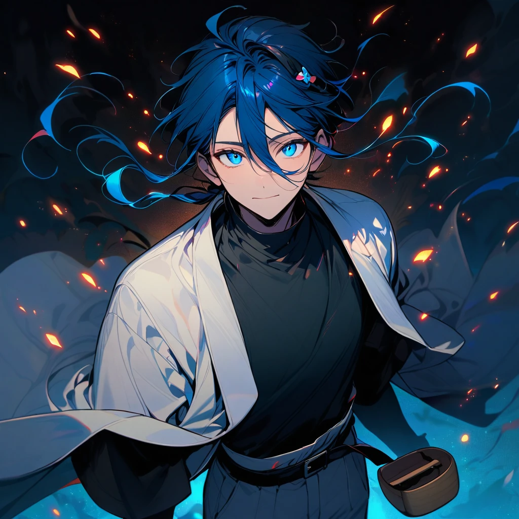 (well done:1) man, vibrant blue hair with two buns on each side of the head with some loose strands that fall around the face, blue eyes, white haori closed, black shirt, black belt tied around the waist, white pants, wooden clog.