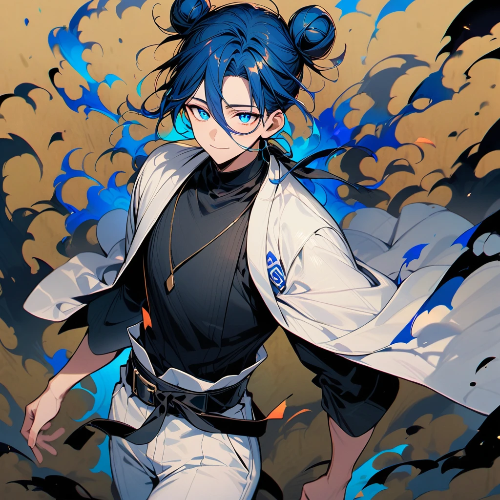 (well done:1) man, vibrant blue hair with two buns on each side of the head with some loose strands that fall around the face, blue eyes, white haori closed, black shirt, black belt tied around the waist, white pants, wooden clog.