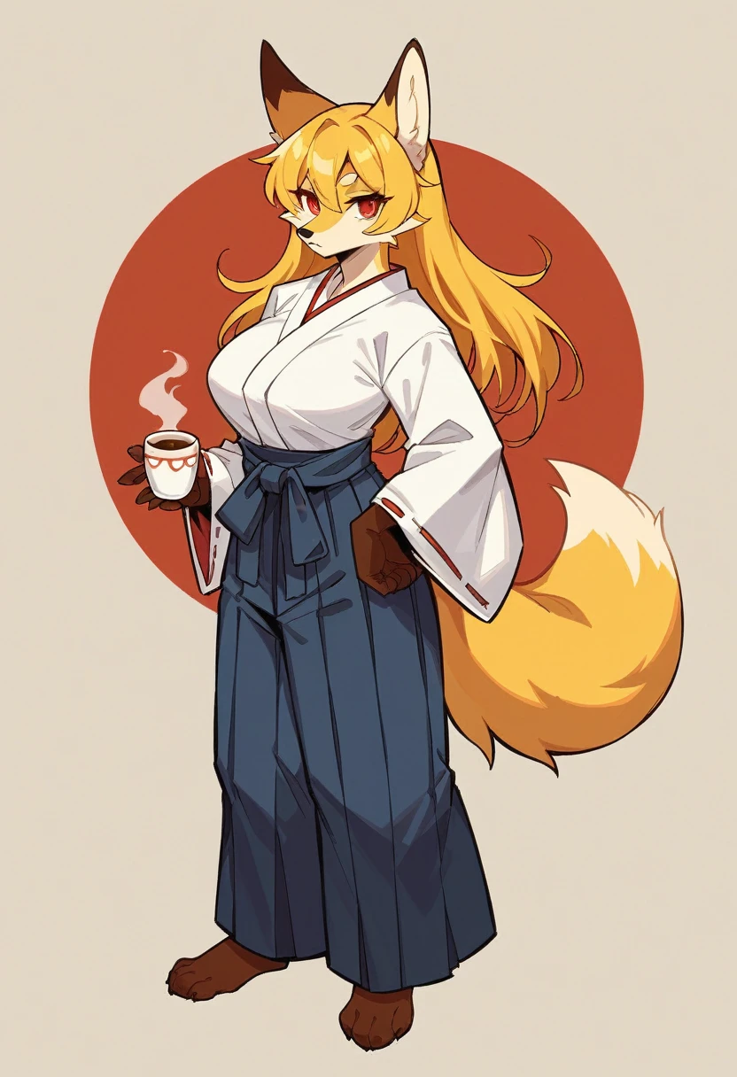 (full body,A Cup,The left hand is on the hip,The right hand is hidden by the hem),Fox woman, Furry, Golden fur, Golden facial fur, long golden hair, The hair on his hands is golden, Golden yellow hair on the back of the hand, Light-filled eyes, Red eyes, Brown elements of fur,Hakama,Very fine fur, Fluffy tail,A Cup