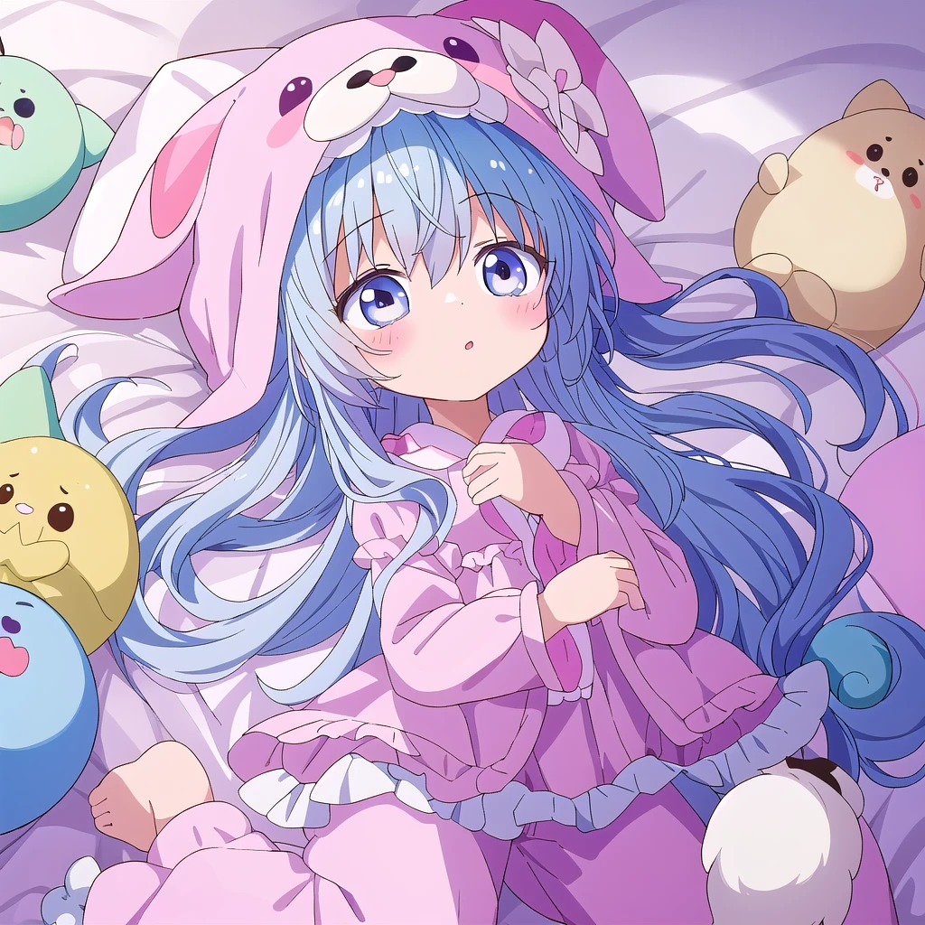 One girl, fluffy、Loose、A heartwarming world、masterpiece, Highest quality,Super detailed, One girl, From above,Little,pastel colour、Sleeping in animal costume pajamas、cute、